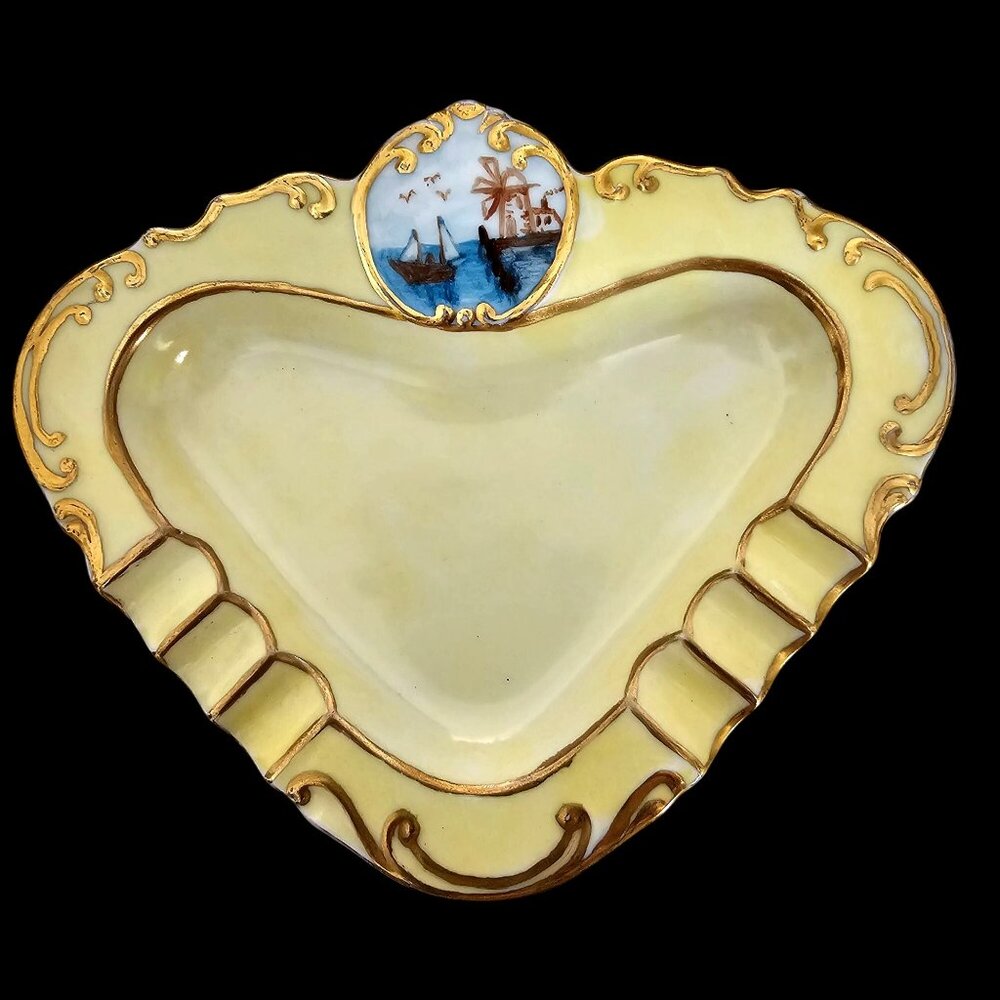 Antique Valentine Heart Ashtray Porcelain Hand Painted Windmill